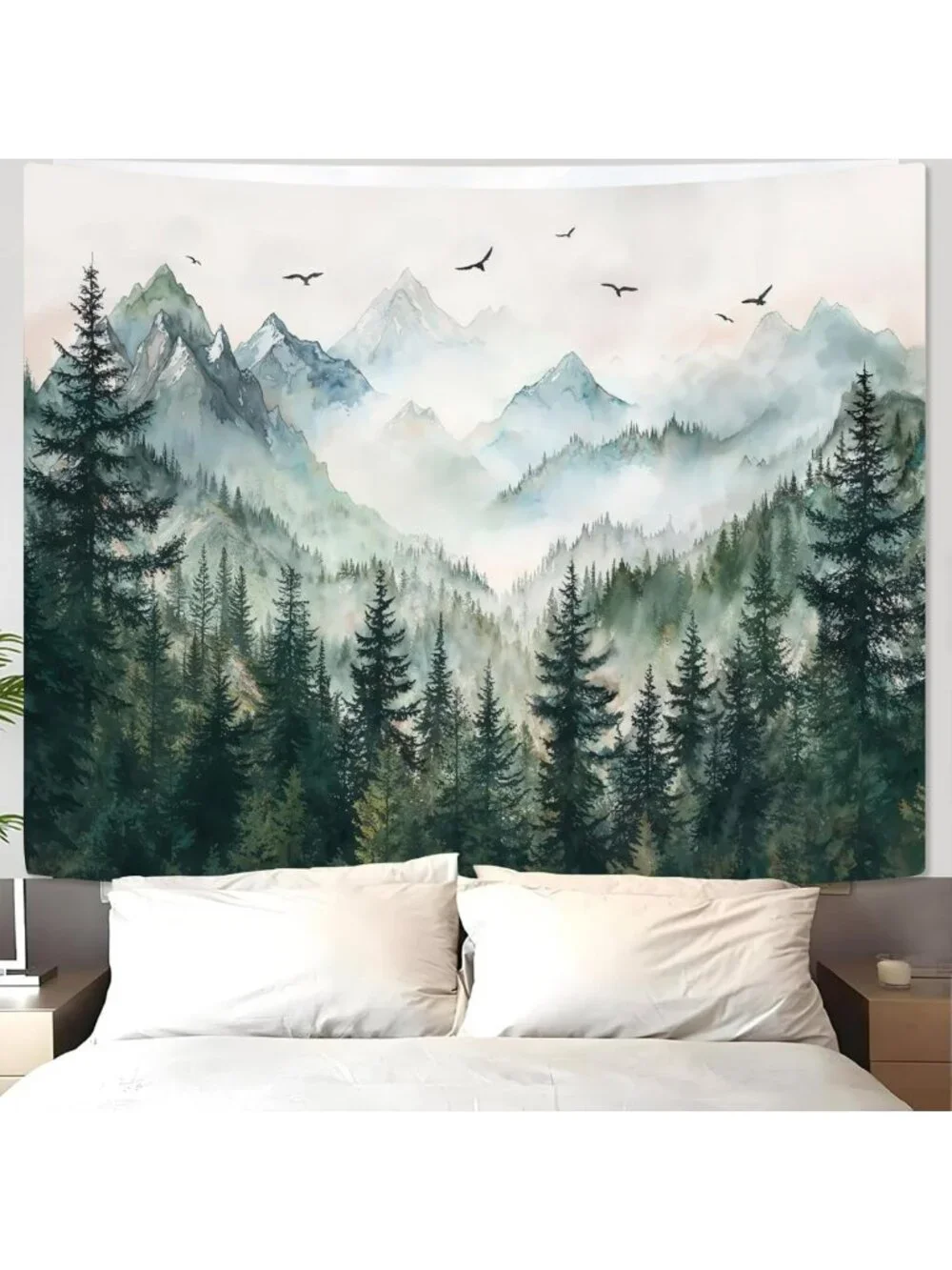 Nature-Inspired Sage Green Mountain Tapestry, Watercolor Forest Wall Art 90x68